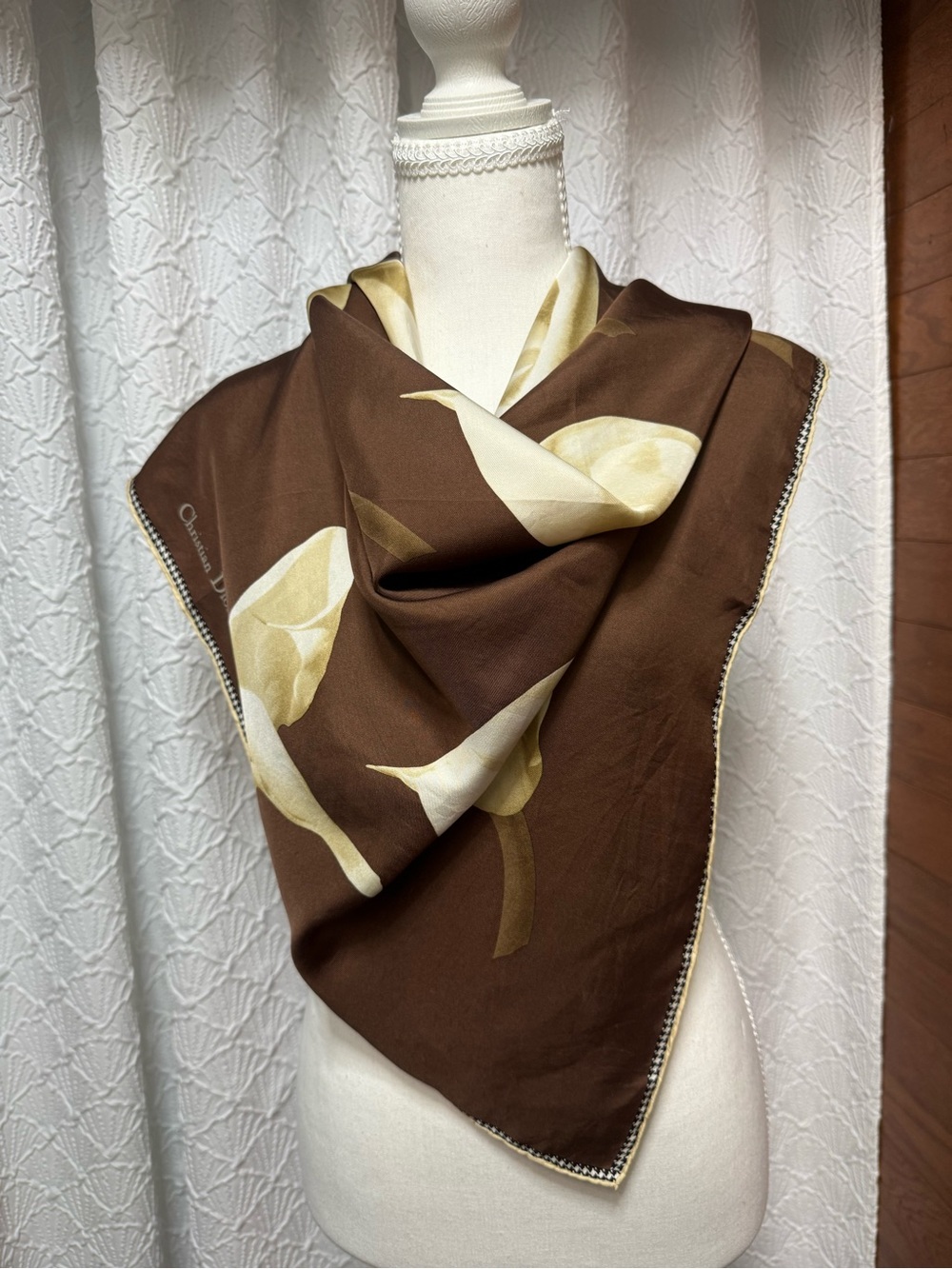 Christian Dior Brown Floral Silk Scarf